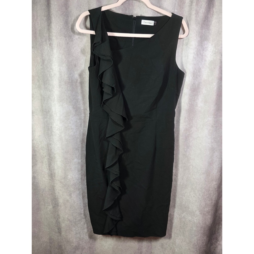 Calvin Klein Womens Black Ruffle Front Sheath‎ Dress Sleeveless Size 10